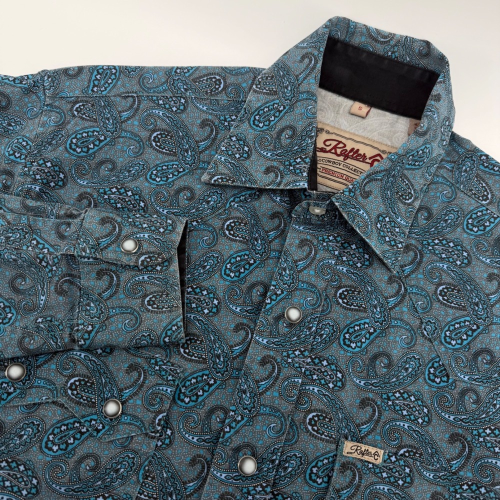 Rafter C Cowboy Collection Shirt Mens Small Blue Paisley Pearl Snap Long Sleeve